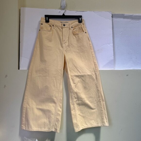 TOPSHOP NEW Wide Leg High Waist Crop Jeans Cotton Pale Yellow Pant Zip Preppy 28 - Picture 7 of 16